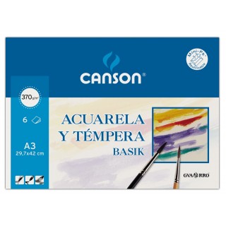 PAPEL AGUARELA BASIK CANSON DIN A3 370 GR PACK DE 6 FOLHAS